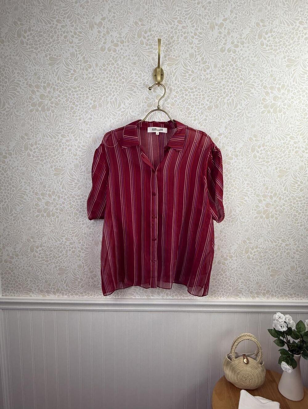 Diane von Furstenberg Burgundy Striped Button-Up 2 Piece Blouse - Size - Medium